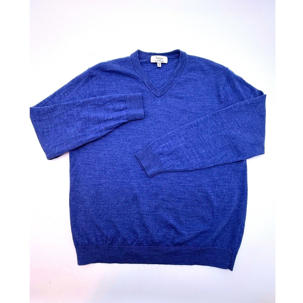 Turnbury Mens XL Blue High V Neck Extra Fine Merino Wool Sweater Long Sleeve